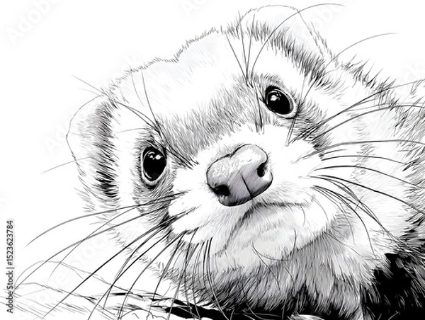 Fototapeta A charming black and white sketch of a ferret gazes upward with its innocent eyes and curious expression.