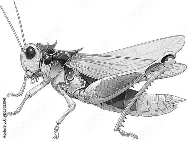 Fototapeta Intricate monochrome line art illustration of a grasshopper with elaborate mechanical detailing shows insect.