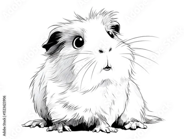 Fototapeta Black and white drawing of a surprised guinea pig with big eyes isolated on a white clean background.