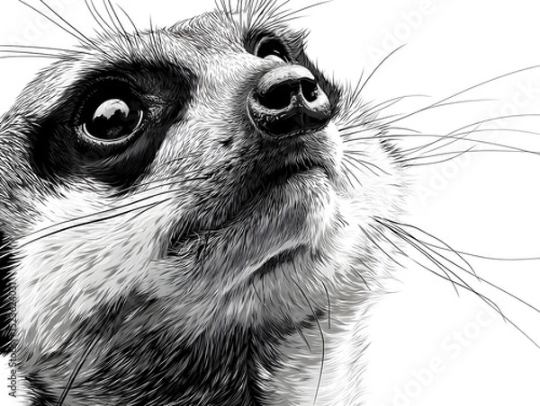 Fototapeta A detailed monochrome illustration captures the curious gaze of a meerkat looking upwards with soft fur.