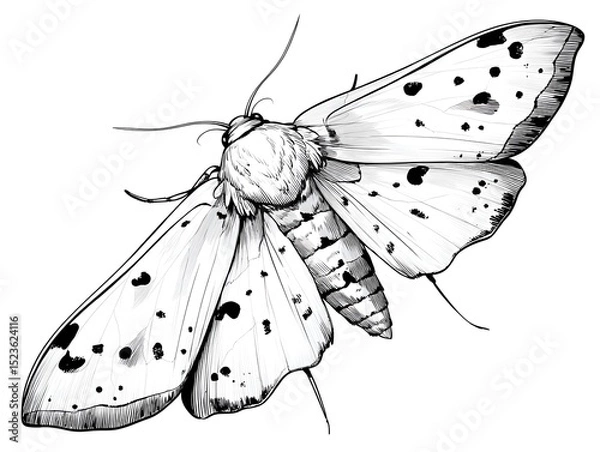 Fototapeta Detailed ink drawing of a white moth with black spots resting with its wings spread on a white background.