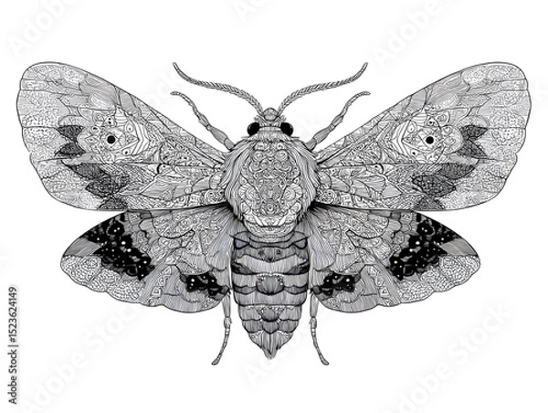 Fototapeta Intricate hand drawn moth illustration with detailed patterns isolated on a clean white background space.
