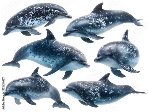 Fototapeta A group of spotted dolphins swim with a mottled texture effect on a clean white background in studio shot.