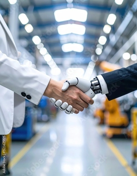 Fototapeta Apretón de Manos Industrial entre Humano y Robot – Colaboración del Futuro, Generated image