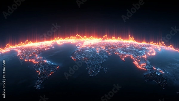 Fototapeta Digital World Map Displaying Global Connections with Orange Lines and Blue Dots on Dark Background Implying Worldwide Network And Data Transfer