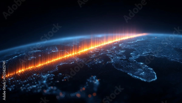 Fototapeta Dramatic Digital Earth Rendering with a Bright Orange Line Emphasizing Connectivity in Deep Space with Blue Highlights Against a Dark Night Background