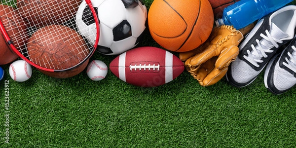 Fototapeta Diverse Sports Equipment Including Balls Glove and Shoes Arranged Neatly on Vibrant Green Artificial Turf in Overhead Close Up Shot