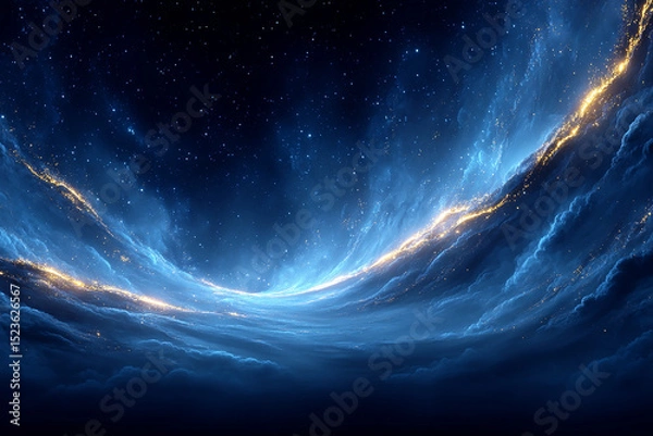 Fototapeta Dreamy Nebula with Flowing Light Trails in Blue and Gold Colors on Dark Background
