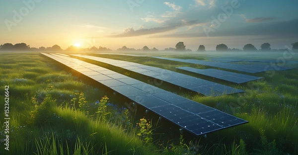 Obraz Solar Panel Field at Sunset – Clean Renewable Energy in Nature Generative AI