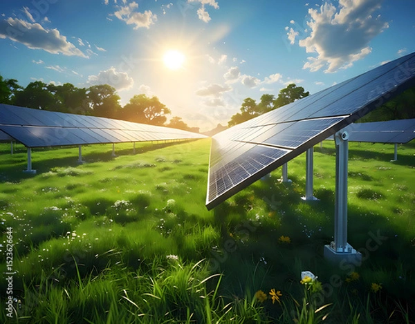 Obraz Solar Panel Field on a Sunny Day – Clean Renewable Energy Landscape Generative AI