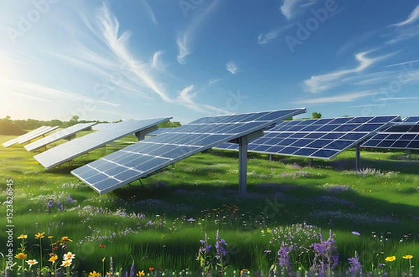 Obraz Solar Panel Field in Green Meadow with Sunrise and Wildflowers Generative AI
