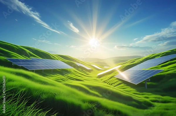 Obraz Solar Panel Field on a Sunny Day – Clean Renewable Energy Landscape Generative AI