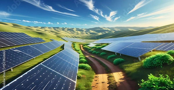 Obraz Solar Panels on Countryside Landscape with Wildflowers and Clear Sky Generative AI