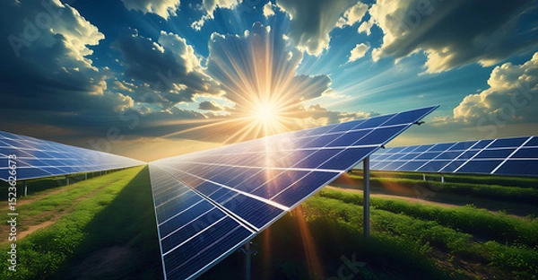 Obraz Solar Panel Field on a Sunny Day – Clean Renewable Energy Landscape Generative AI