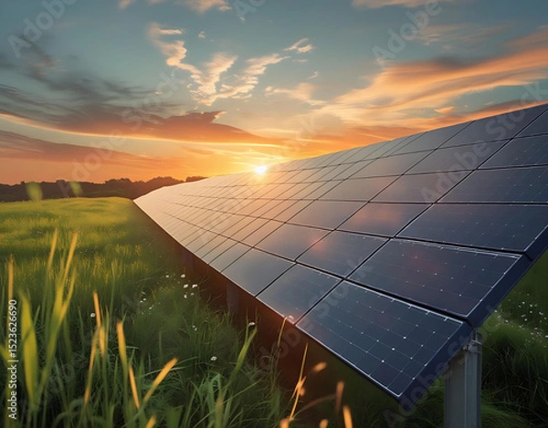 Obraz Solar Panel Field at Sunset – Clean Renewable Energy in Nature Generative AI