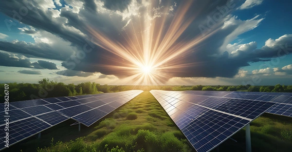 Obraz Solar Panel Field on a Sunny Day – Clean Renewable Energy Landscape Generative AI