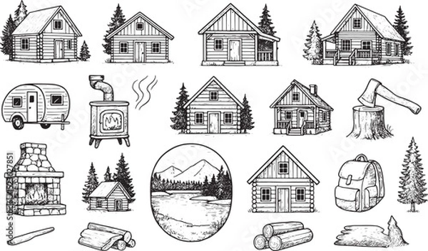 Fototapeta A collection of hand-drawn black-and-white illustrations featuring rustic cabins, a trailer, fireplace, wood stove, axe, logs, backpack, and scenic mountain lake with pine trees, perfect for outdoor, 