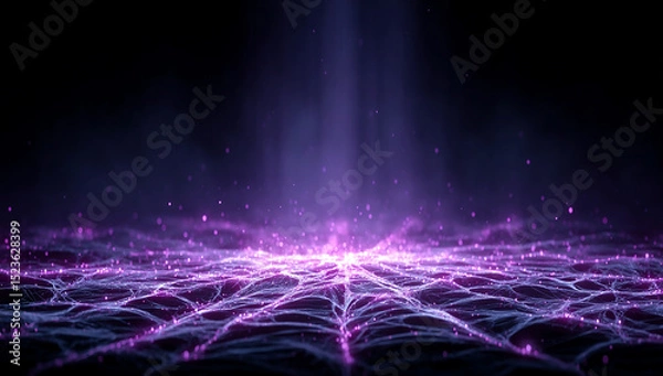 Fototapeta Ethereal Purple Light Beams Illuminate Digital Grid Surface with Glowing Particles Against a Dark Background in a Futuristic Design