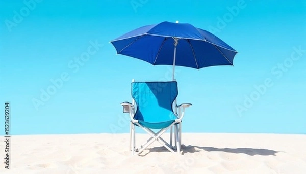 Fototapeta Folding chair under blue umbrella on sandy beach with clear sky  