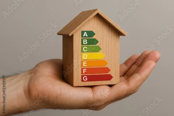 Obraz Man's hand holding a small wooden house model with energy efficiency rating scale, concept for real estate, energy saving, sustainable living, and home improvement