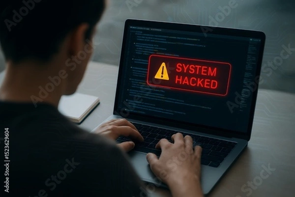 Obraz Person's hands typing on laptop displaying a system hacked warning, concept for cybersecurity, data breach, and computer virus protection