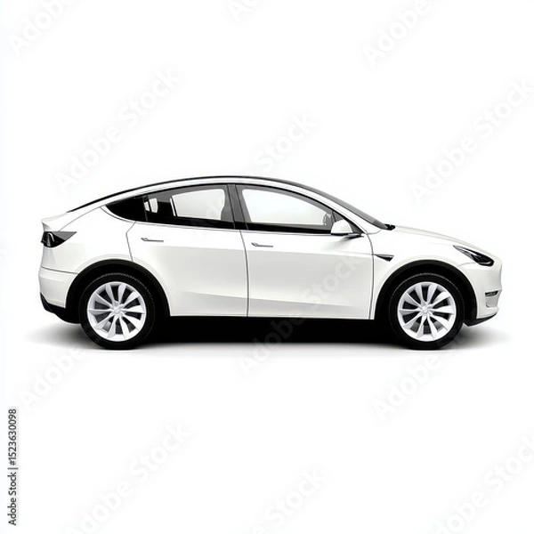 Fototapeta White electric SUV, side profile view against a white background. Clean lines, modern design. Studio shot