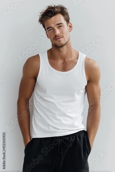 Fototapeta A young man in a white tank top mockup and black shorts stands confidently against a light gray wall, with his hands in his pockets. He has a relaxed expression and tousled hair, embodying a casual.