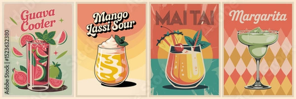 Fototapeta Set of summer exotic cocktail posters in retro mid-century modern style. Features Guava Cooler, Mango Lassi Sour, Margarita, and Mai Tai. Colorful vintage drink illustrations