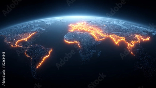 Fototapeta Global World Map At Night With Illuminated Cities