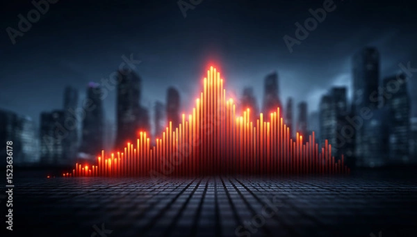Fototapeta Glowing Orange Cityscape at Night with Abstract Digital Equalizer