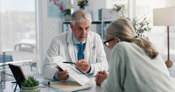 Fototapeta Doctor, man and woman with document for healthcare, life insurance or application in clinic. People, medical aid employee and clipboard with form, survey or paperwork for registration or service