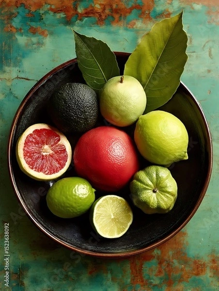 Fototapeta a still life photograph shows a dark round bowl on a surface with teal and rusty brown coloring.  the bowl contains several fruits and leaves