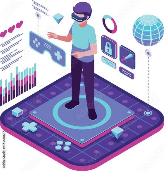 Fototapeta Isometric Metaverse Gaming Experience with VR User