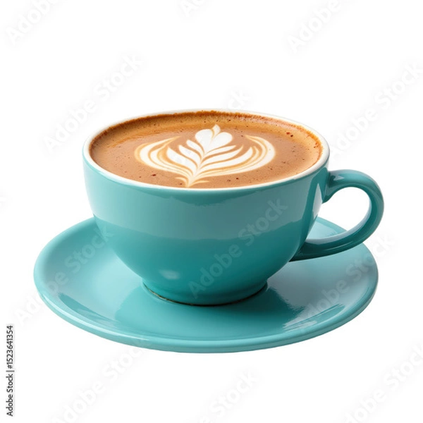 Obraz Creamy latte art in a turquoise mug on a matching saucer, highlighting artisan coffee culture..