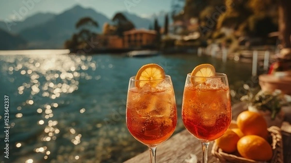 Fototapeta Against the backdrop of a lake and mountains, two glasses of aperol spritz cocktail.