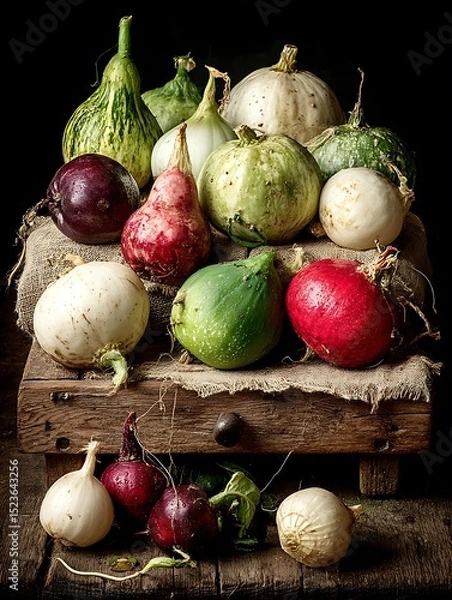 Fototapeta the photograph showcases a rustic still life featuring an assortment of fruits and vegetables arranged on a wooden surface with a dark background