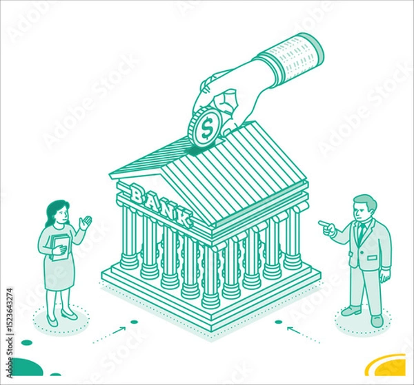 Fototapeta Hand placing a dollar coin into a classical bank building. A man and woman discuss finance, symbolizing investment, savings, and economic strategy.
 Isometric outline style.
