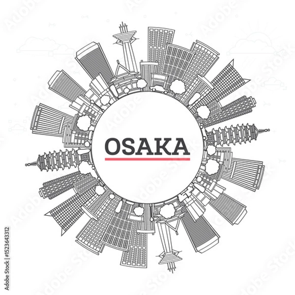 Fototapeta Outline Osaka Japan City Skyline with Modern Buildings and copy space Isolated on White. Osaka Cityscape with Landmarks.