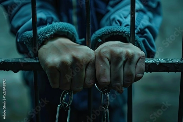 Fototapeta Vibrant Image of CloseUp of Handcuffed Hands of a Young Boy in Juvenile Detention