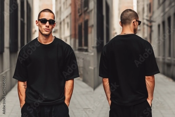 Fototapeta A stylish young man wearing a black oversized t-shirt mockup and sunglasses, standing confidently in an urban alley. The photo captures both front and back views, showcasing modern street fashion.