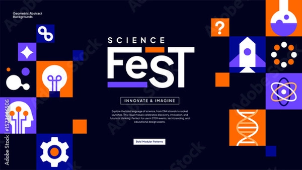 Obraz Tech Conference Pattern–Blue Modular Background with Innovation and Rocket Symbols for Presentations and Branding
