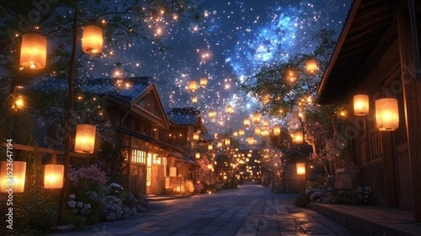 Fototapeta A serene, lantern-lit village street at night, under a starlit sky.  Wooden buildings, hanging lanterns, and blossoming trees create a magical atmosphere