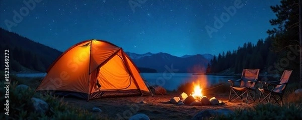 Fototapeta A cozy campsite scene featuring a durable, waterproof tent pitched under a starry night sky, alongside a campfire and comfortable camping chairs Ready for adventure and relaxation , outdoor, dark