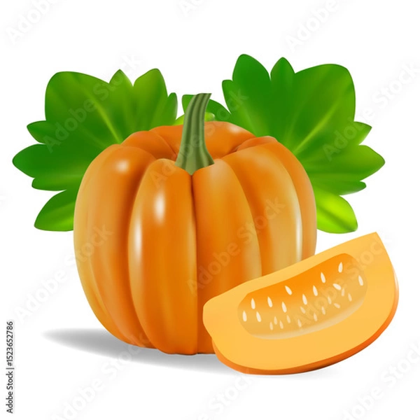 Fototapeta Realistic vector illustration of whole pumpkin with leaves and pumpkin slice.