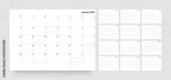 Fototapeta Monthly calendar layout for 2026 year. Minimalistic Diary planner for 2026 year. Week Starts on Monday. 