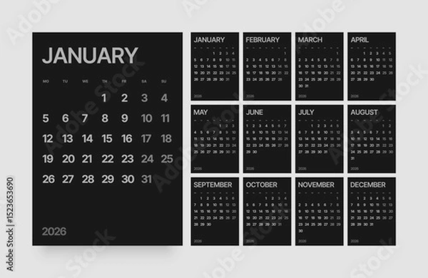 Fototapeta Monthly calendar layout for 2026 year.Vertical diary planner for 2026 year in dark color. Week Starts on Monday. 