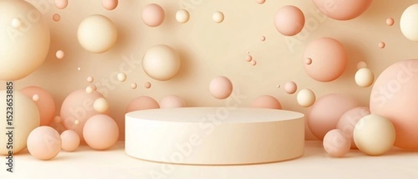 Fototapeta Pastel-toned spheres surround a blank, cylindrical pedestal against a beige backdrop