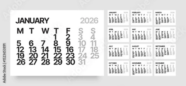Fototapeta Monthly calendar layout for 2026 year. Minimalistic Diary for 2026 year. Week Starts on Monday. 
