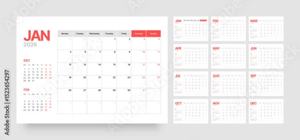 Fototapeta Monthly calendar layout for 2026 year. Diary planner for 2026 year. Week Starts on Monday. 