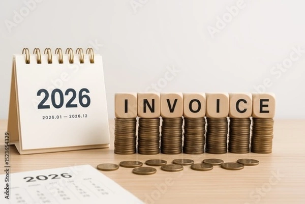 Obraz Invoice 2026, wooden blocks spelling invoice on stacks of coins, desk calendar showing 2026